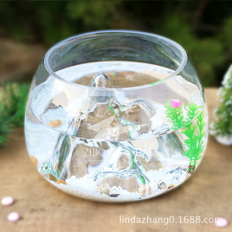 超白创意玻璃圆形假山鱼缸客厅雪山鱼缸山水缸生态金鱼缸乌龟缸