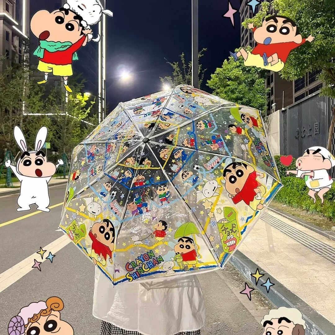 蜡笔小新透明雨伞加厚全自动长柄伞网红女卡通可爱折叠儿童学生伞图片