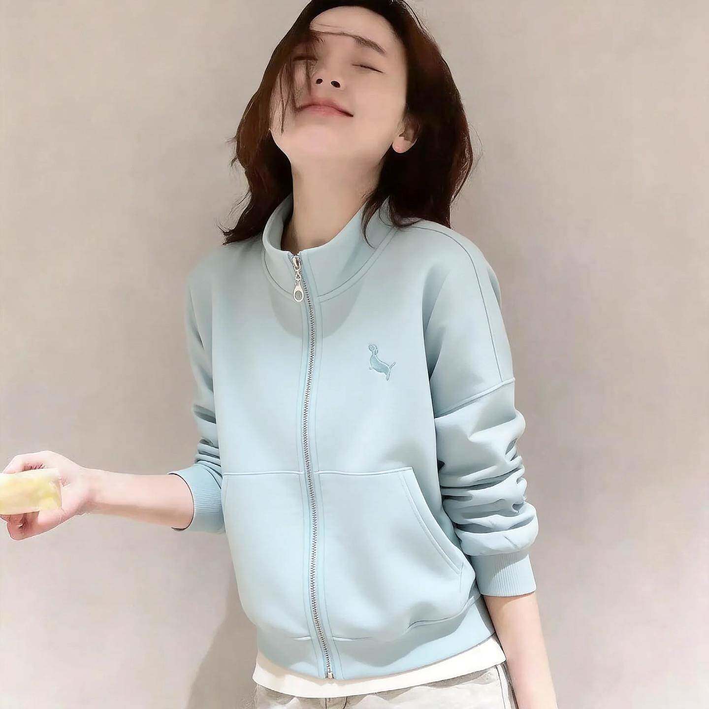 韩国立领拉炼开衫厚棉T女春秋薄款运动宽松浅蓝色夹克衫短款外套