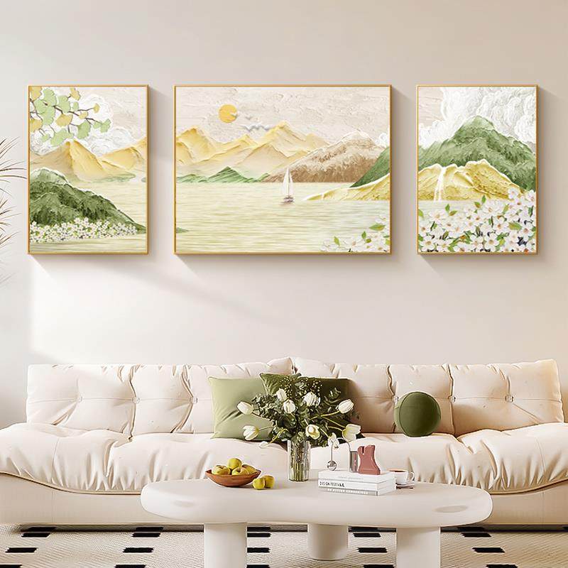 日照金山奶油风客厅装饰画风景三联画壁画北欧轻奢沙发背景墙挂画,家居饰品,现代装饰画,淘宝优惠券,粉丝福利购,淘宝优惠卷