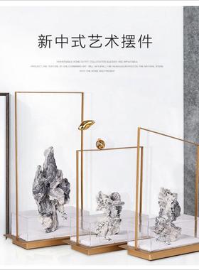 现代新中式铁艺铜鸟亚克力石山客厅卧室样板间售楼部玄关装饰摆件