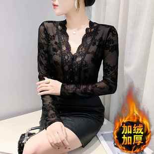 加绒加厚打底衫 内搭上衣洋1219e 女秋冬欧货性感V领蕾丝T恤女长袖