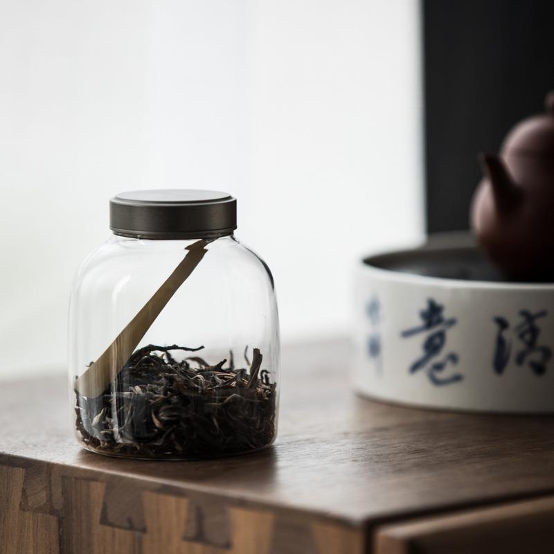 铝盖透明玻032406璃茶茶罐仓密封大号叶罐茶 储物罐存茶罐收纳罐