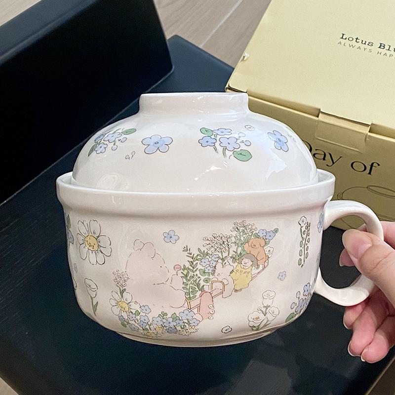蓝莲花家居泡面杯女生高颜值家用碗陶瓷带盖子面碗大号可爱学生宿