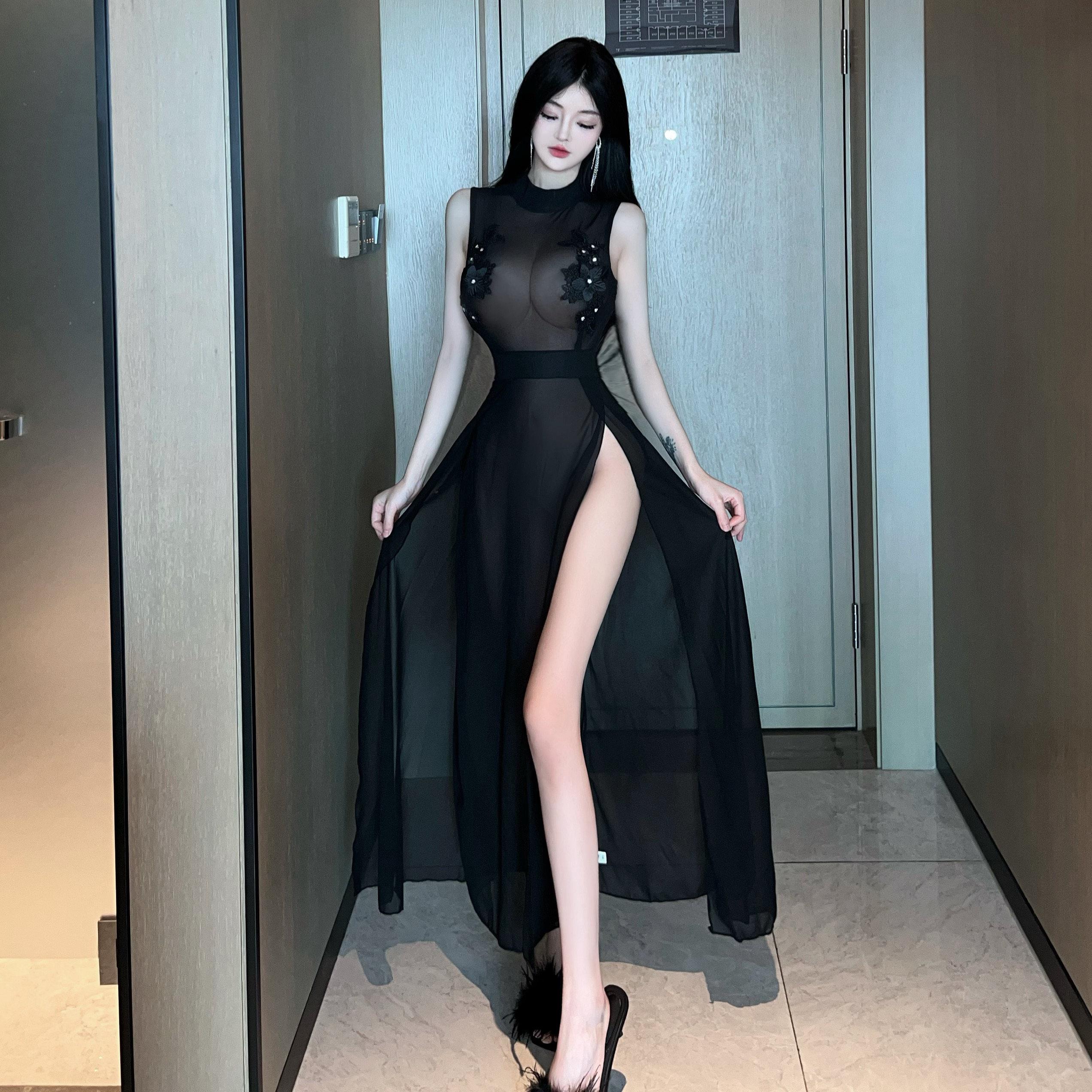 性感夜场佳丽晚礼服桑拿足疗技师工作服黑色透视开叉洋装女夏季