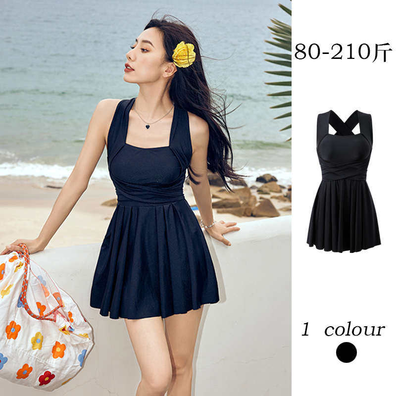 黑色温泉泳衣女高级感微胖遮肉显瘦遮肚子大码胖人保守高级感绑带