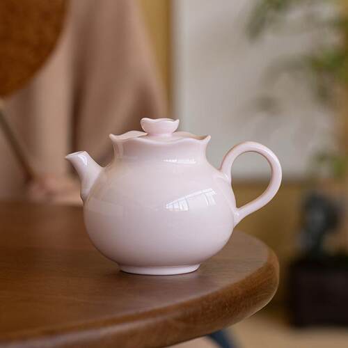 陶瓷茶壶号单人手执壶单壶黛粉色带把简约家用茶具粉泥夕颜泡