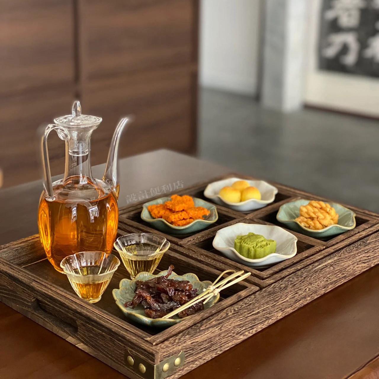 玻璃茶器皿陶瓷餐碟中式荷叶茶点盘耐热茶具下午茶桐木茶盘套装