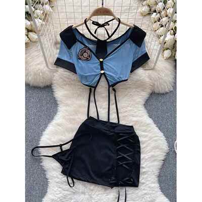 Women Preppy Style Sexy Uniform Sets 2023 V Neck Sheer Top+L