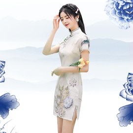 中国风文艺优雅短款少女，连衣裙2024苏州仿真丝，改良小个子旗袍