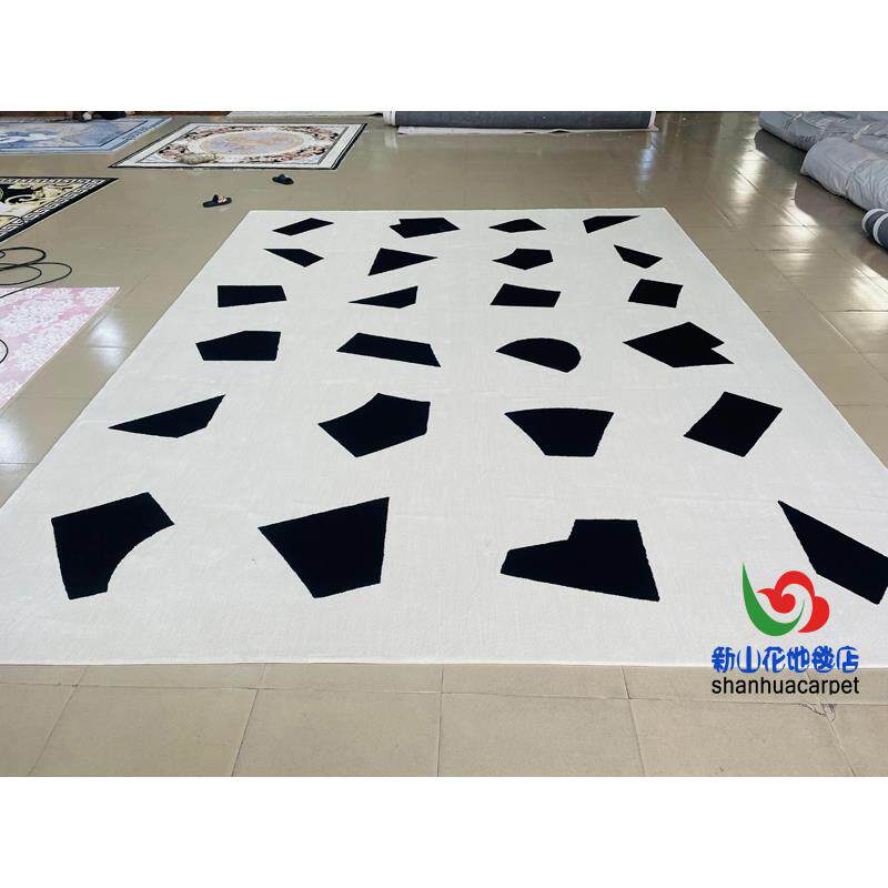 现代简约长方形格子黑色手工羊毛客厅茶几沙发地毯卧室客房床前毯