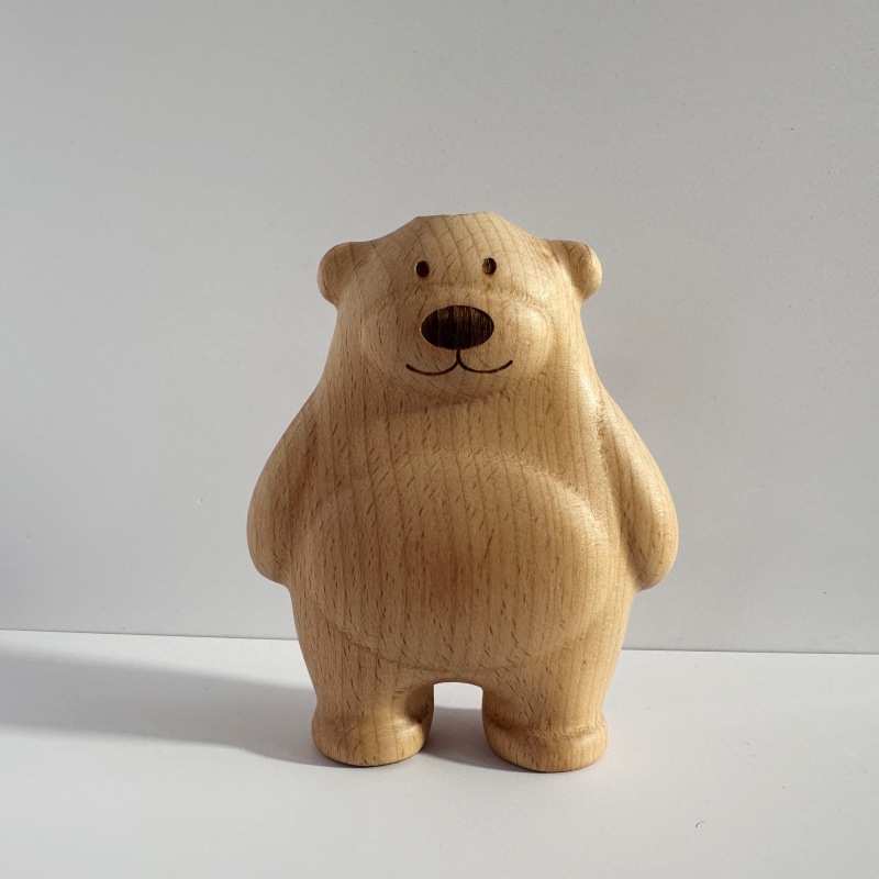 熊熊插花器榉木质手作插花瓶实木花插书房桌面干花编织花摆件可爱