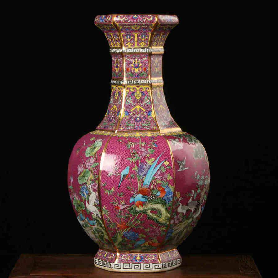 高档景德镇花瓶陶瓷器 仿古本珐花琅彩彩六面鸟收金藏工艺粉摆件