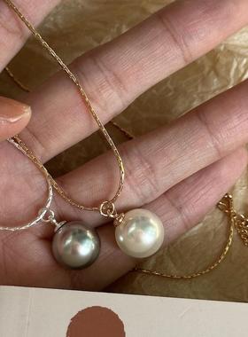 05A452年异强光施家珍珠灰白2色单2颗吊坠百搭简约彩蛇骨链清冷高