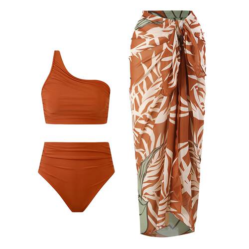 Three-Piece Set Womens Plain Asymmetrical Swim Top & Swim