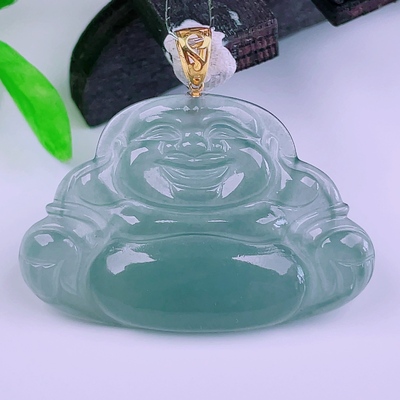 天然真品翡翠18k金镶嵌冰蓝色天空蓝高端精品时尚闪拍佛公玉吊坠