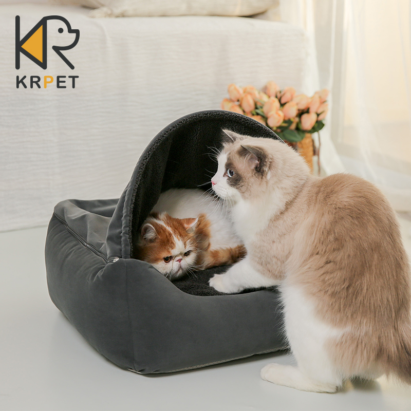 KRPET冬季保暖猫窝羊羔绒半封闭式宠物睡觉床可拆洗泰迪猫咪屋