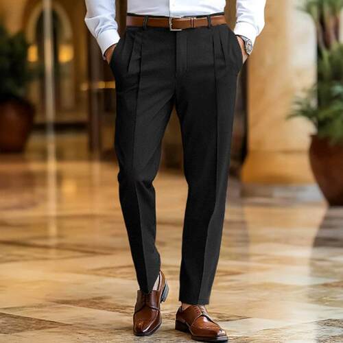 Men's formal slanted pocket double pleated straight leg