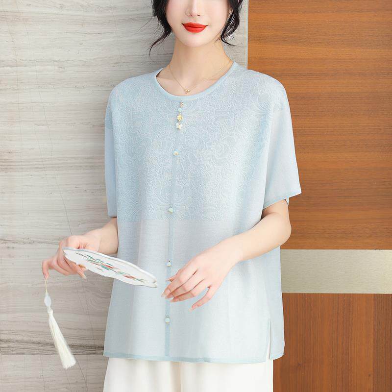 中式国风桑蚕丝短袖t桖女夏季中年妈妈宽松加肥大尺码冰丝薄款上