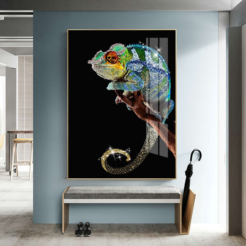 变色龙入户玄关装饰画现代客厅竖版蜥蜴挂画个性小众晶瓷工艺壁画图片