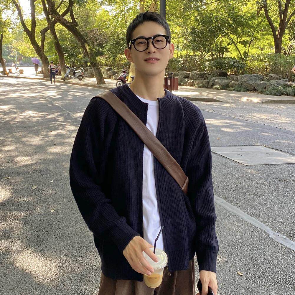 nick tian 春秋冬外套简约韩国毛衣开衫男拉炼纯色保暖针织衫休闲