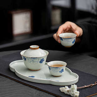 手绘陶瓷草木灰功夫茶具整家用二才盖碗茶盘茶杯小套茶具泡茶礼物
