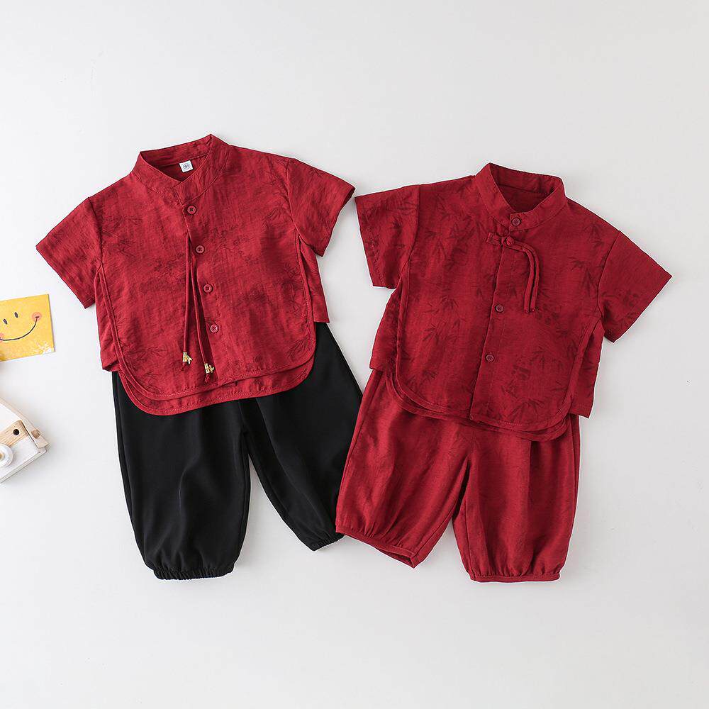 男童汉服夏装周岁礼服男宝宝新中式中国风套装中小童红色两件唐装