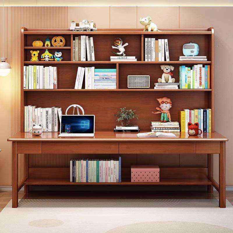 双人电脑桌实木书桌书架书柜一体组合学习桌家用中小学生写字桌椅