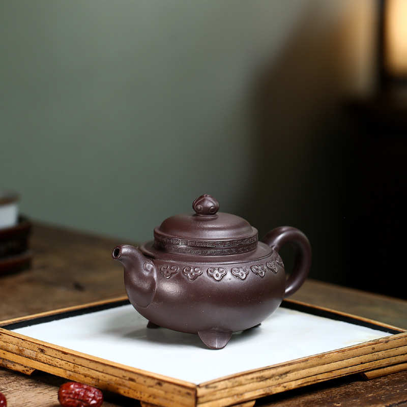 宜兴原矿全手工陈腐老紫泥紫砂壶 三足云肩泡茶壶功夫茶具代发货