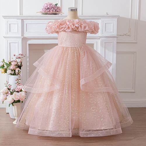 女童礼服一字肩蓬纱公主裙婚纱主持钢琴演出派对连衣裙girl dress