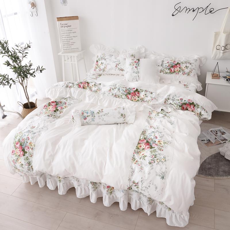 正品韩斜纹花蕾床裙丝四纯件套棉棉被套纯棉床罩四式件套小清新