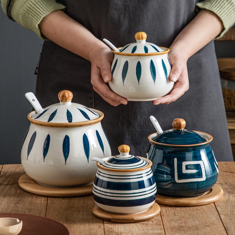 厨房盐罐大容量500克陶瓷猪油罐耐高温家用放1包400克大号调料罐