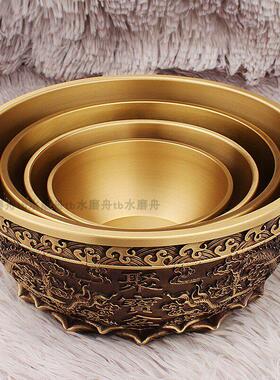 22cm双龙聚宝盆纯铜摆件家用二龙戏珠黄铜米缸客厅玄关招财装饰品