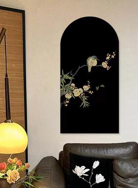 中古风喜鹊登枝玄关装饰画拱门走廊正对门挂画新中式书房茶室壁画