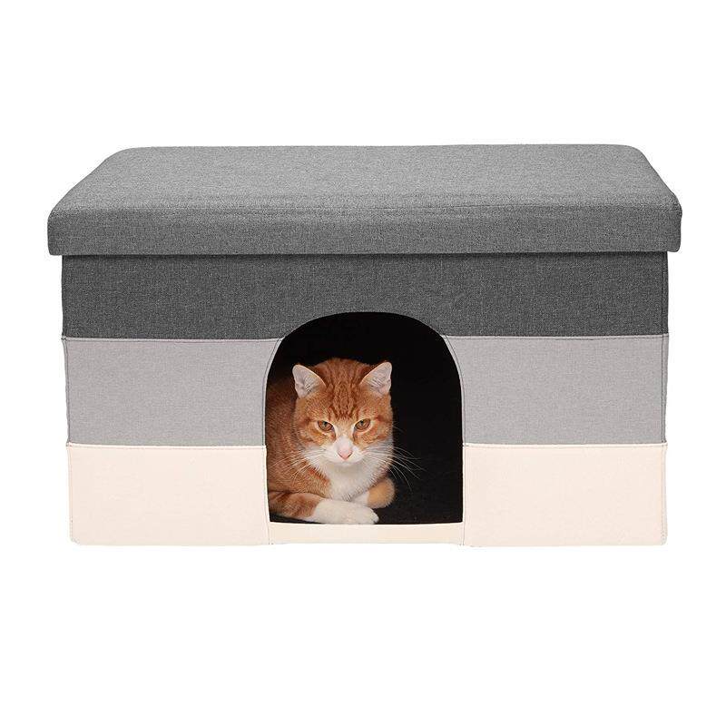 皮革麻布格子储物凳子可坐成人宠物狗窝猫窝折叠收纳凳子厂家