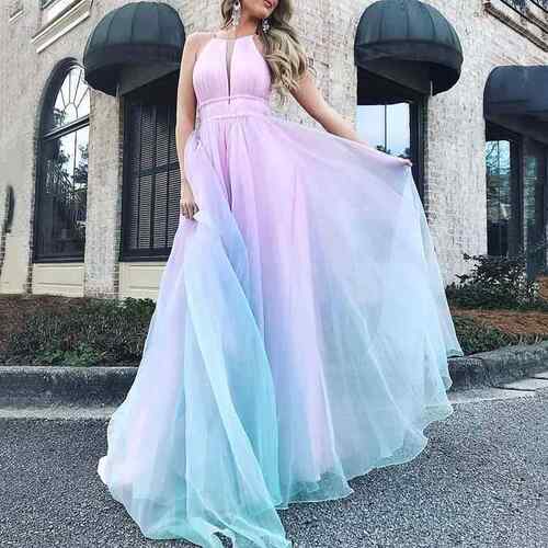Women's printed dress with deep V-color evening gown and