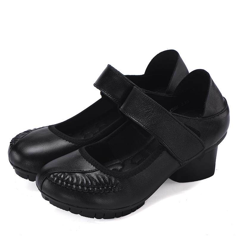 正品低帮女鞋皮底圆头魔新术贴真平底鞋女厚跟高跟舞鞋多才多艺软