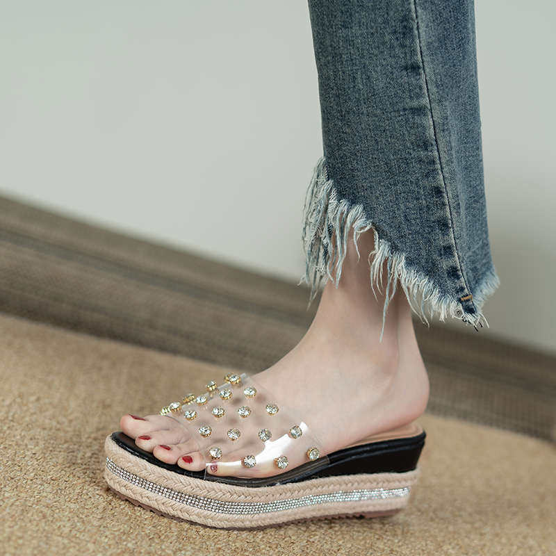 坡跟透明凉鞋女外穿2024夏季新款韩版松糕厚底鞋高跟网红一字凉拖,女鞋,一字带凉鞋,淘宝优惠券,粉丝福利购,淘宝优惠卷