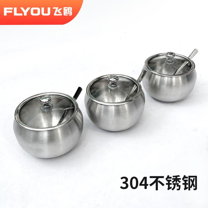 飞鸥304不锈钢调味罐套装糖罐圆形调味透明盖可视化调料盒带勺子