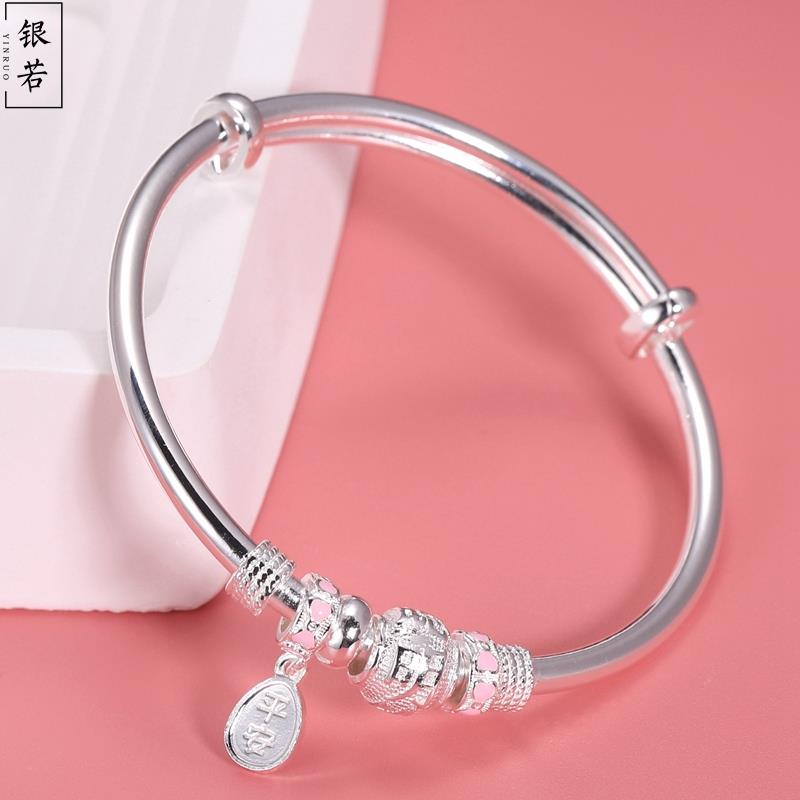 高档儿童银手镯纯银999小孩礼银生镯子学银生足手镯手环女童镯子