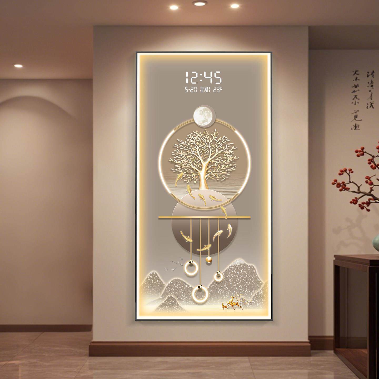福禄九鱼图玄关装饰画电子钟表过道走廊挂画入户正对门时钟壁灯画