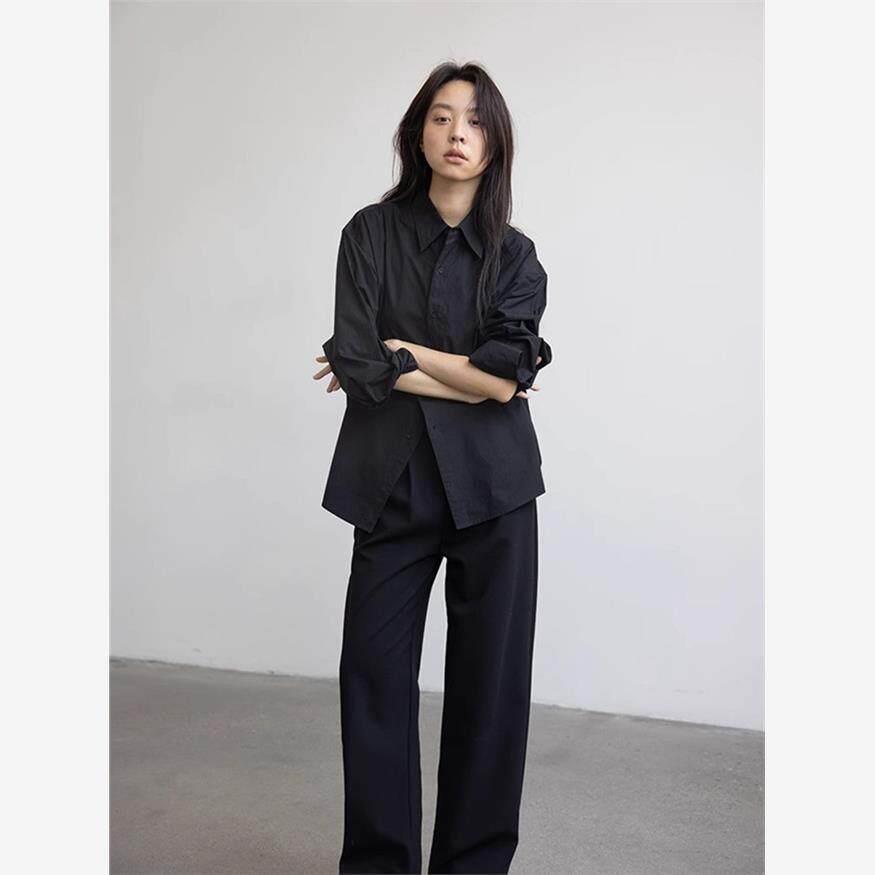 NextMary法式高级感黑色长袖衬衫女春季宽松休闲通勤衬衣外搭上衣