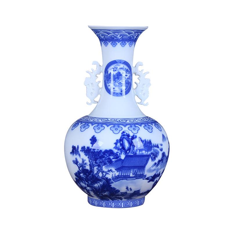 现代简约田园花瓶摆件电视柜装饰品青花双耳复古陶瓷饰品
