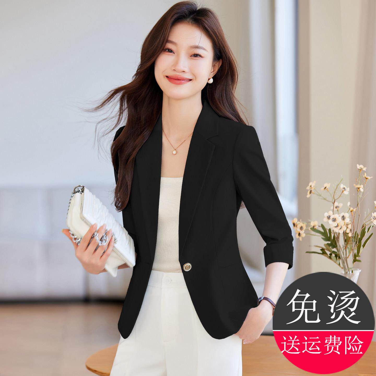 黑色西装外套女小个子短款春夏2026新款薄款高级感休闲七分袖西服