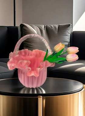 高级感精致轻奢琉璃手提篮花瓶玻璃花篮客K厅家居软装饰品插花摆