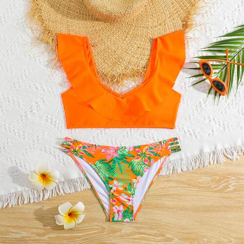 Lotus shoulder children's split swimsuit cartoon cute