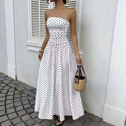 Elegant Vintage Long Dress Sleeveless Halter Polka Dot Dress