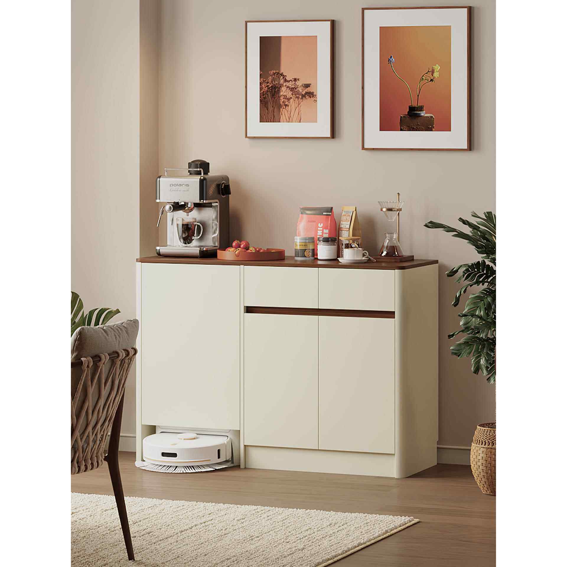 扫地机器人置物柜实木餐边柜靠墙一体茶水柜置物架客厅咖啡柜家用