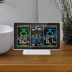 多功能彩屏天气预报电子闹钟带月相RF无线气象钟万年历电波原子钟