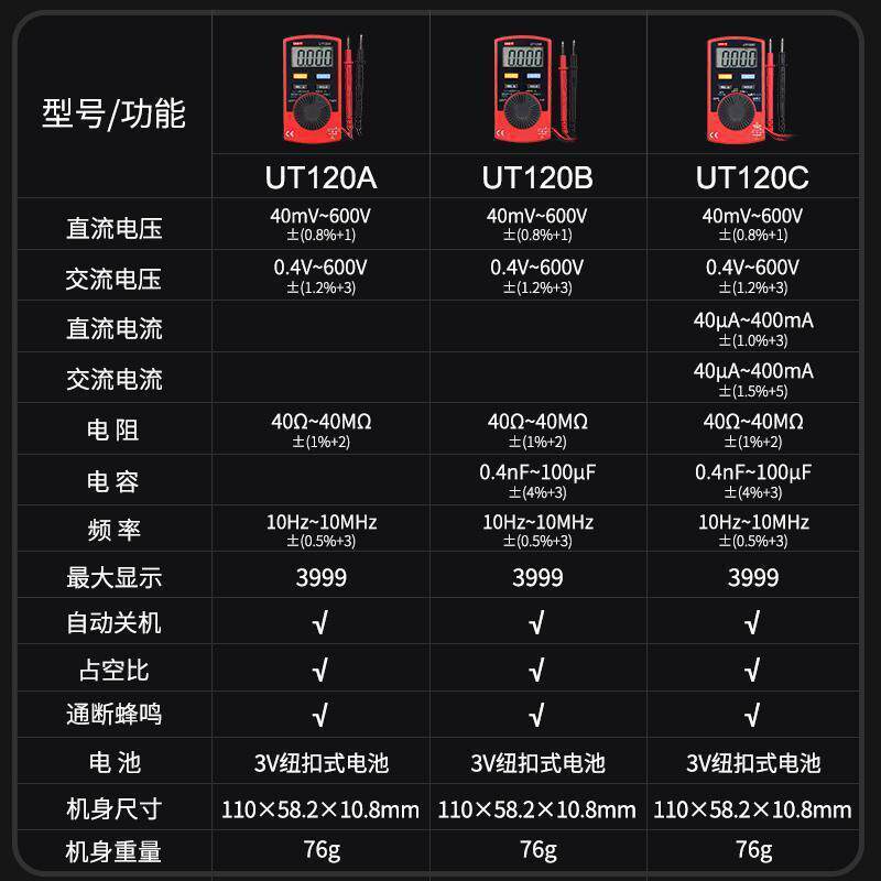优利德工UT120C/UT120B/A口袋型万用表数显数字卡式袖珍自动量程